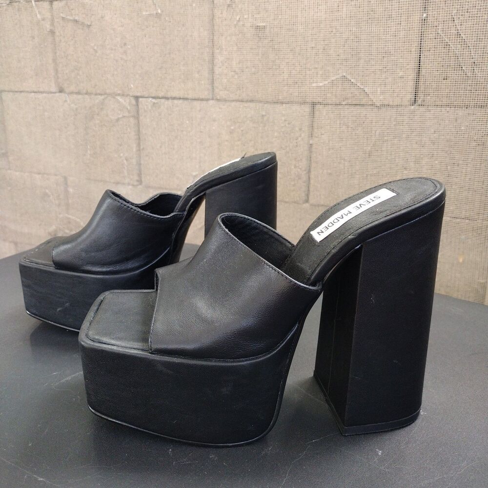 Steve Madden Trixie Black Leather Platform Block Heel Shoes Women Size 7.5 M Y2K